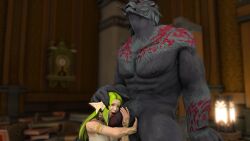 3d au_ra bikini final_fantasy final_fantasy_xiv flaccid gpose(ffxiv) green_hair hrothgar licking licking_penis raen size_difference