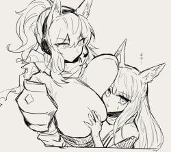 2girls arknights bangs big_breasts blank_stare breast_envy breast_fondling female_focus female_only groping groping_breasts horse horse_ears horse_girl huge_breasts long_hair melon22 nearl_(arknights) platinum_(arknights) ponytail sketch