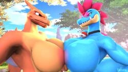 3d_(artwork) anthro anthro_on_anthro big_breasts breast_squish breasts breasts_frottage charizard digital_media_(artwork) female female/female feraligatr huge_breasts nintendo nude pokémon_(species) pokemon pokemon_(species) rayhuma squish video_games yuki_(evov1) yukigatr_(evov1)