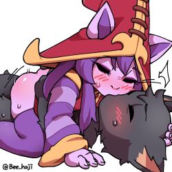 1boy 1girls anthro ass bee_haji beecon123 blue_skin blush cowgirl_position kissing league_of_legends lulu_the_fae_sorceress pink_hair pointy_ears shortstack sweat veigar witch_hat yordle