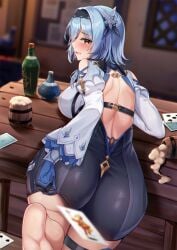 absurdres alcohol ass back backless_outfit bangs beer beer_mug black_gloves black_hairband black_legwear black_leotard blue_gloves blue_hair blush bottle breasts card cup eric_(tianqijiang) eula_(genshin_impact) feet female genshin_impact gloves hair_ornament hairband highres large_breasts leotard long_sleeves looking_at_viewer looking_back medium_hair mug playing_card shirt sidelocks soles table thighhighs thighs two-tone_gloves white_shirt yellow_eyes