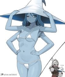 1boy 1girls 2022 4_arms bikini blue_eyes blue_hair blue_skin blush donburikazoku elden_ring female fromsoftware micro_bikini miniature_ranni multi_arm multi_limb navel one_eye_closed ranni_the_witch simple_background small_breasts tarnished white_background witch witch_hat