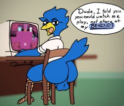 animal_genitalia anthro ass avian balls beak berdly big_butt bird bird_legs blue_body blue_feathers blue_tail blurred_background bottomless chair clothed clothing deltarune desk door eyewear feathered_tail feathers forest furniture gameplay genitals glasses hi_res human kris_(deltarune) looking_at_viewer male male_only mammal plant queen_susie ralsei screen sheath shirt shirt_only solo speech_bubble star table text topwear topwear_only tree undertale_(series) video_games white_clothing white_shirt white_topwear yellow_beak