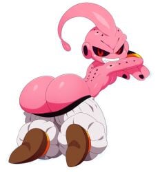 2017 armband ass big_ass big_butt black_nails black_sclera clothing colored_nails dragon_ball footwear humanoid kid_buu looking_at_viewer majin majin_buu male male_only monster not_furry presenting presenting_hindquarters red_eyes simple_background smile solo solo_male sssonic2