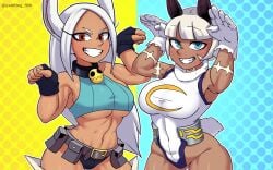 2girls alternate_costume black_panties blue_eyes breasts bunny_ears cat_ears cosplay costume_swap crossover crossover_cosplay dark_skin eastern_and_western_character gloves leotard long_hair looking_at_viewer miruko multiple_girls my_hero_academia nadia_fortune nadia_fortune_(cosplay) painting_fish red_eyes rumi_usagiyama rumi_usagiyama_(cosplay) skullgirls usagiyama_rumi usagiyama_rumi_(cosplay) white_hair