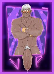 balls bara big_balls big_breasts big_penis crossed_arms dark-skinned_male dark_skin flaccid frieddough gay glasses gloves henry_(frieddough) huge_cock huge_penis hyper_penis male male_only muscles muscular nude original_character penis precum precum_drip solo solo_male uncensored veiny_penis yaoi