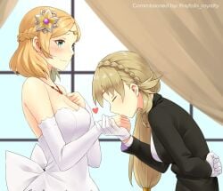 2girls alternate_costume blonde_hair blue_eyes blush braid breasts bride bride_(fire_emblem) circlet cleavage closed_eyes curtains dress female female_only fire_emblem fire_emblem_heroes fire_emblem_warriors flower gloves groom hair_flower hair_ornament hairpin holding_hands igni_tion kiss kissing_hand lesbian lianna_(fire_emblem) long_hair long_sleeves marriage multiple_girls nintendo princess sharena_(fire_emblem) short_hair sunflower sunflower_hair_ornament tiara tuxedo wedding wedding_dress white_gloves wholesome window yuri