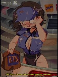 1girls big_breasts bluethebone bluethebone_(character) breasts cleavage clothed clothing covered_in_cum english_text female female_focus female_only hips large_breasts original original_character retro_artstyle solo