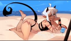 1boy ahe_gao ahegao beach big_penis can clothed clothing cum cum_inducing_juice drink drool ejaculation erection feet femboy hands-free handsfree_ejaculation horns humanoid humanoid_penis legs_up lying_down lying_on_stomach male male_only mostly_nude on_stomach onika_(yuurikin) orgasm penis pointy_ears red_toenails solo swimsuit tail tears thick_thighs white_hair wide_hips yuurikin