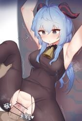 1girls ? ahoge armpits arms_up bangs bar_censor bell black_legwear blue_eyes blue_hair blush bodystocking bodysuit breasts censored clothed_sex clothing cum cum_in_pussy cum_inside eyebrows_visible_through_hair female ganyu_(genshin_impact) genshin_impact highres horns hypnosis lactation lactation_through_clothes leg_grab leg_up long_hair looking_at_another male medium_breasts mind_control neck_bell open_mouth parted_lips penetration penis pussy rkwowlqrp sex sidelocks spread_legs standing standing_sex straight sweat torn_clothes torn_legwear vaginal_penetration