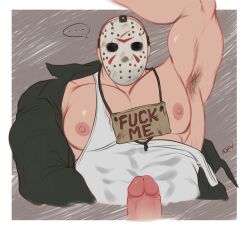 ... armpit_hair bara boner erection friday_the_13th fuck_me_(text) gay hockey_mask jason_voorhees male male_only mask muscles muscular penis sign sign_around_neck solo solo_male spoken_ellipsis