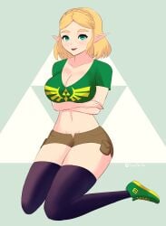 big_breasts blonde_hair breath_of_the_wild cleavage clothing green_eyes hylian legs nintendo pinup pointy_ears princess_zelda shoes short_blonde_hair short_hair shorts simple_background t-shirt tears_of_the_kingdom the_legend_of_zelda thighhighs tiredtorto zelda_(tears_of_the_kingdom)