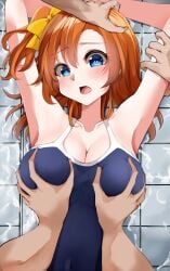 1girls arms_up big_breasts blue_eyes breast_grab breasts kousaka_honoka love_live! love_live!_school_idol_project orange_hair school_swimsuit swimsuit yarman