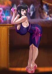 1girls alternate_breast_size artist_request big_breasts black_hair black_lipstick breasts cleavage female high_heels hotel_transylvania huge_breasts leaning_forward looking_back mavis_dracula platform_footwear platform_sandals sideboob sundress thick_thighs