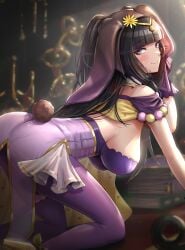 1girls all_fours alternate_costume ass bangs bare_shoulders big_ass black_hair blunt_bangs book book_stack breasts bunny_ears bunny_girl bunnysuit commentary_request fake_tail feet_out_of_frame female female_only fire_emblem fire_emblem_awakening fire_emblem_heroes gonzarez highres large_breasts leotard looking_at_viewer nintendo pantyhose purple_legwear purple_leotard rabbit_tail smile solo tail tharja_(fire_emblem) tharja_(spring)_(fire_emblem) thighs two_side_up