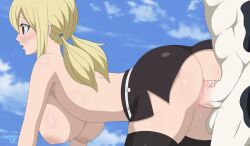 1boy anthro anthro_on_human big_breasts cowgirl doggy_style fairy_tail hi_res human immortalkingart lucy_heartfilia male taurus_(fairy_tail) thick_ass thick_thighs white_body