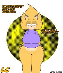 alien anthro big_breasts big_breasts bottomless dafimos_fang dialogue huge_breasts looking_at_viewer lwd_cartoonz orange_fur rule_63 short_sleeves smiling_at_viewer spiked_bracelet spiky_hair teasing teasing_viewer thick thick_legs thick_thighs tight_clothing tshirt