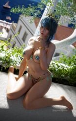 1girls 3d 3dloveandpeace blue_hair bracelet chain_bikini dead_or_alive dead_or_alive_xtreme_venus_vacation female female_focus green_eyes kneeling long_hair looking_at_viewer tamaki_(doa) venus_bikini voluptuous