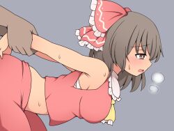 1boy arm_grab armpit_crease armpit_peek armpits breasts brown_eyes brown_hair commentary_request female grey_background heavy_breathing highres implied_sex large_breasts open_mouth reimu_hakurei sex sex_from_behind straight suwaneko sweat sweatdrop touhou