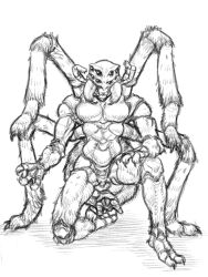 alien anthro arachnid arthropod cidius claws human hybrid kneeling male mammal monochrome multi_eye multi_leg multi_limb nude simple_background solo