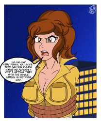 annoyed april_o'neil april_o'neil_(tmnt_1987) artist_logo artist_signature big_breasts bondage brown_eyes brown_hair cleavage dialogue displeased jumpsuit malevolentnsfw malevolentsamsonnsfw rope rope_bondage teenage_mutant_ninja_turtles tied_up