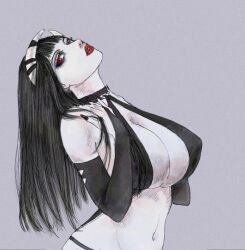 1girls belly big_breasts black_hair breasts choker cleavage demon demon_girl female female_only fingerless_gloves hand_on_chest head_tilt l0nely_k1tten long_gloves long_hair looking_at_viewer pale_skin panties phalia red_eyes red_lipstick traditional_media_(artwork)