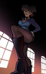 animaniacs animaniacs_(2020) boots business business_suit cleavage dark-skinned_female dark_skin glasses high_heel_boots high_heels knee_boots medium_breasts nora_rita_norita panties_aside pencil_skirt psudonym short_hair