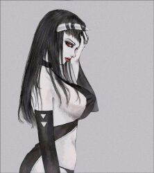 1girls belly big_breasts black_hair breasts choker demon demon_girl female female_only fingerless_gloves hand_on_face l0nely_k1tten long_gloves long_hair looking_at_viewer pale_skin panties phalia red_eyes red_lipstick traditional_media_(artwork)