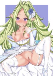 1girls alternate_costume artist_request bare_shoulders blush bride edit female female_only fire_emblem fire_emblem_awakening garter_straps green_hair high_heels long_hair manakete nintendo nipples nowi_(fire_emblem) panties panties_around_leg pointy_ears purple_eyes pussy small_breasts solo source_request spread_legs thighhighs uncensored wedding_dress white_panties