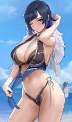 2girls beach big_breasts bikini breasts busty cleavage clothing curvy female female_only genshin_impact hi_res milf mole mole_on_breast raiden_shogun shikube short_hair thick_thighs wet wink yelan_(genshin_impact)