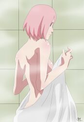 1girls after_bath after_shower agung911 almost_naked barely_clothed boruto:_naruto_next_generations female female_only functionally_nude green_eyes holding_object long_hair mature mature_female milf mostly_nude naked naruto naruto_(series) pink_hair sakura_haruno sideboob solo solo_focus towel towel_only