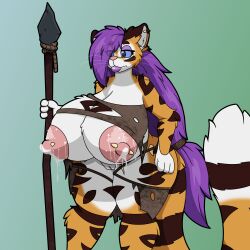 absurd_res anthro big_breasts blue_eyes bodily_fluids breasts clothing felid female firepawdacat firepawdacat_(artist) fur genitals hair hi_res holding_object holding_spear holding_weapon huge_breasts lactating long_hair long_tail mammal melee_weapon mostly_nude nipple_piercing nipples orange_body orange_fur pantherine piercing polearm purple_hair pussy solo spear standing stripes tiger torn_clothing weapon white_body white_fur