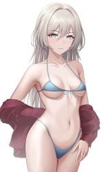 absurdres an-94_(girls'_frontline) aqua_eyes bikini constantine-xii cowboy_shot female front-tie_top girls'_frontline highleg highleg_bikini highleg_swimsuit highres jacket long_hair micro_bikini red_jacket silver_hair simple_background solo standing swimsuit white_background