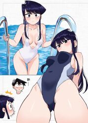 1boy 1girls bikini black_hair blush breasts embarrassed komi-san_wa_komyushou_desu komi_shouko long_hair looking_at_viewer medium_breasts mob_face short_hair swimsuit tadano_hitohito wolksheep