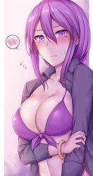 big_breasts bikini blush bracelet cleavage embarrassed female female_only long_hair looking_at_viewer melty_blood open_shirt purple_bikini purple_eyes purple_hair sion_eltnam_atlasia solo soukitsu sweatdrop swimsuit type-moon