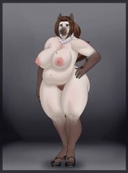 absurd_res anthro big_breasts breasts canid canine canis domestic_dog female footwear fur furry furry_only genitals hi_res mammal markings mature_female mole_(marking) mole_on_breast mole_under_eye mostly_nude naked nipples nude overweight overweight_female pancarta pubes pussy solo veiny_breasts