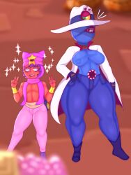 1boy 1girls blue_jeans blue_pants blurry_background brawl_stars breasts brother_and_sister brown_skin cowboy_hat hat jacksito_(artist) misfortune_tara nipples purple_hair sandy_(brawl_stars) size_difference tagme tara_(brawl_stars) thick_thighs tight_clothing