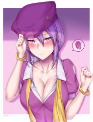 beret big_breasts blush bracelets cleavage embarrassed female female_only hat hickey looking_away melty_blood pink_background purple_eyes purple_hair shy sion_eltnam_atlasia solo soukitsu sweat type-moon under_night_in-birth upper_body