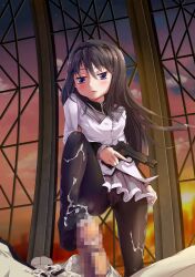 1girls akemi_homura artist_request black_hair blush censored cum cum_on_foot cum_on_leg cum_on_pantyhose female femdom footjob footjob_with_legwear gun handgun has_uncensored_version legwear long_hair looking_at_viewer mosaic_censoring pantyhose penis pistol puella_magi_madoka_magica purple_eyes skirt