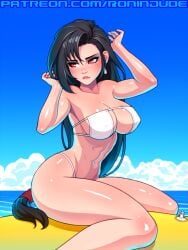 1girls beach bikini black_hair blush breasts eyepatch_bikini final_fantasy final_fantasy_vii large_breasts long_hair red_eyes ronindude swimsuit tifa_lockhart