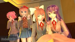 1boy 3d 4girls doki_doki_literature_club female handjob looking_at_viewer male monika_(doki_doki_literature_club) multiple_girls natsuki_(doki_doki_literature_club) nobodyrly_(artist) penis pov sayori_(doki_doki_literature_club) school_uniform schoolgirl sfm yuri_(doki_doki_literature_club)