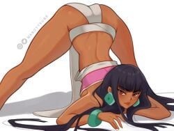 absurdres ass bangs bare_shoulders black_hair bracelet breasts brown_eyes chel chel_(the_road_to_el_dorado) closed_mouth dark-skinned_female dark_skin earrings eyebrows_visible_through_hair feet_out_of_frame female highres instagram_logo jack-o'_challenge jewelry long_hair looking_at_viewer mandytsune smile solo strapless the_road_to_el_dorado thick_thighs thighs top-down_bottom-up twitter_logo twitter_username wide_hips