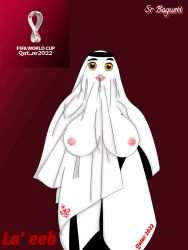 1girls 2022_fifa_world_cup background breasts clothed_sex clothing female female_only football girl hijab la'eeb looking_at_viewer mascot nipples orgasm penis qatar qatari_turban religious_clothing religious_headwear soccer solo sport sports sr_baguett turban white_body world_cup