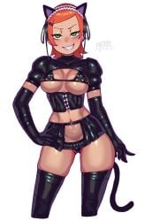 1girls 2d 2d_(artwork) armwear ben_10 black_armwear black_corset black_thighhighs blush breasts cartoon_network cat_ears cat_tail eye_contact fake_animal_ears female female_only freddyhalloween green_eyes gwen_tennyson hi_res highres latex_armwear latex_corset latex_legwear latex_suit latex_thighhighs legwear looking_at_viewer orange_hair redhead short_hair smile solo standing thick_thighs thighs white_background