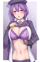 beret big_breasts blush bra cleavage embarrassed female female_only flashing flashing_breasts hat lace-trimmed_bra looking_at_viewer melty_blood open_clothes open_jacket open_mouth open_shirt purple_bra purple_eyes purple_hair shirt_lift single_glove sion_eltnam_atlasia solo soukitsu sweat sweater_lift type-moon