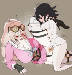 1boy 1girls barbed_wire black_hair blonde_hair blush bottomless choker clevage closed_eyes danganronpa danganronpa_v3 drooling fingerless_gloves goggles goggles_on_head high_heel_boots holding_leg huge_breasts iruma_miu kneesocks large_breasts larger_female long_hair nuclearwasabi on_side ouma_kokichi penis pink_skirt ring sailor_uniform scarf school_uniform sex simple_background skindentation skirt small_dom_big_sub smaller_male straight_hair straps teenager thick_thighs tongue_out vaginal_penetration vaginal_sex white_jacket wire