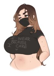 1girls 2022 artist_self-insert belly_button big_breasts blush breasts brown_eyes brown_hair cheri_(cherrikissu) cherrikissu crop_top digital_drawing_(artwork) digital_media_(artwork) face_mask female female_only hips human long_hair mask masked_female navel pantless real_person self-portrait self_portrait shirt solo solo_female sweatdrop sweating sweaty_body text_on_clothing thick_female thick_thighs two_tone_fur wide_hips