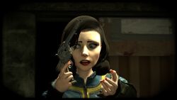 3d bioshock bioshock_infinite computer electronics elizabeth_comstock fallout female firearm grandmanaconda_(artist) gun handgun human pale_skin pip-boy revolver vault_dweller vault_suit weapon wristwear