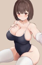 3: absurdres bangs blush breasts brown_eyes brown_hair cleavage collarbone competition_swimsuit curvy elbow_gloves female gloves hand_on_own_chest highres large_breasts looking_at_viewer mole mole_on_breast neneneji one-piece_swimsuit original plump reaching_out short_hair simple_background single_glove sitting skindentation solo swimsuit tareme thick_thighs thighhighs thighs white_gloves white_legwear wide_hips