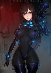 big_breasts bodysuit brassica brown_eyes brown_hair curvy female female_only full_body gantz gantz_suit gun hourglass_figure latex_suit long_hair looking_at_viewer png rubber_suit shimohira_reika solo suspenders thick_thighs thin_waist wide_hips